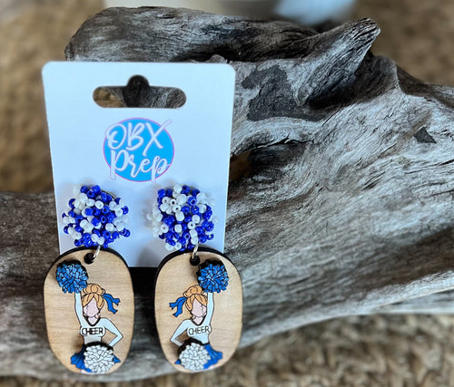 Custom Hand-Painted 3D Cheerleader Wood Earrings with Seed Bead Toppers.