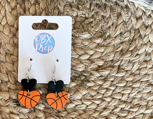 Hand-Painted Wood Heart Basketball Earrings with Customizable Top Heart.