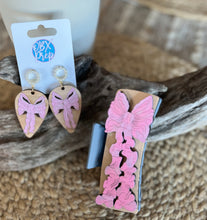 Hand-Painted Pink Bow Teardrop Wood Earrings with Faux Pearl Stud Toppers