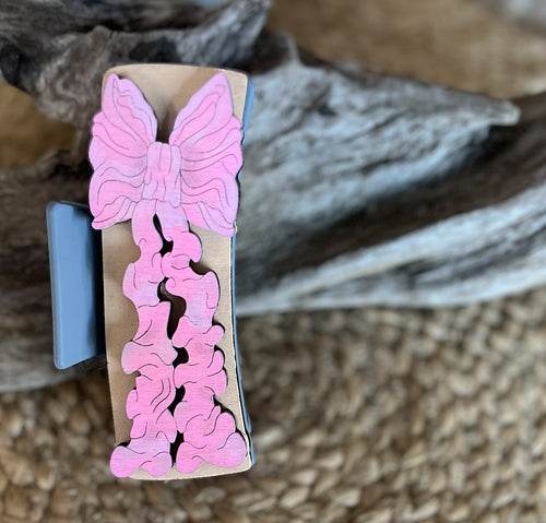 Hand-Painted Pink Bow Wood Hair Claws.