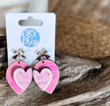 Hand-Painted Valentine's Day "Be Mine" Conversation Heart Earrings with Silver Bow Stud Toppers