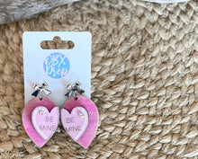 Hand-Painted Valentine's Day "Be Mine" Conversation Heart Earrings with Silver Bow Stud Toppers.