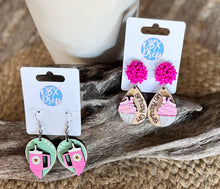 Hand-Painted "Birthday Girl" Cupcake Earrings with Fuchsia Seed Beaded Stud Toppers