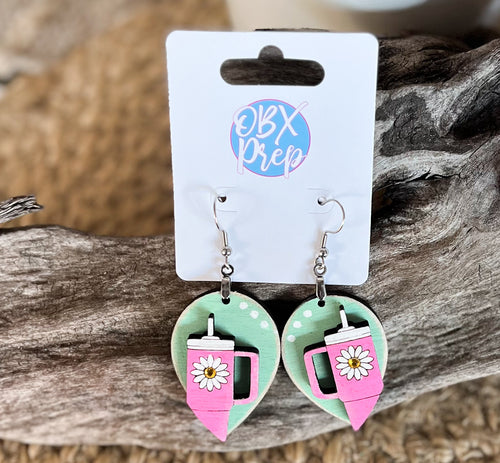 Hand-Painted Pink Tumbler Wood Earrings with Daisy and Rhinestone Detail