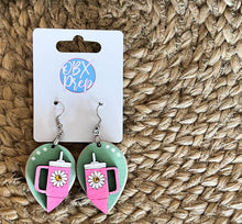 Hand-Painted Pink Tumbler Wood Earrings with Daisy and Rhinestone Detail