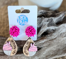 Hand-Painted "Birthday Girl" Cupcake Earrings with Fuchsia Seed Beaded Stud Toppers