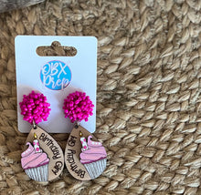 Hand-Painted "Birthday Girl" Cupcake Earrings with Fuchsia Seed Beaded Stud Toppers