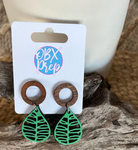 Hand-Painted Green Leaf Earrings with Hollow Circle Stud Toppers