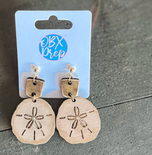 Hand-Painted Sand Dollar Wood Earrings with Gold Metallic Edging.