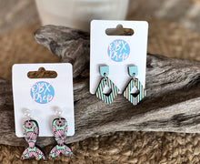 Hand-Painted Mermaid Tail Wood Earrings with Faux Pearl Stud Topper