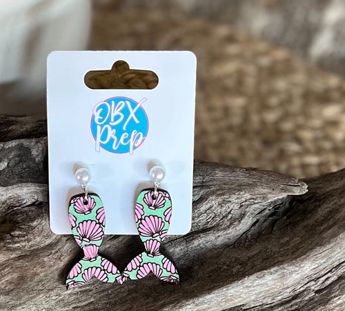 Hand-Painted Mermaid Tail Wood Earrings with Faux Pearl Stud Topper