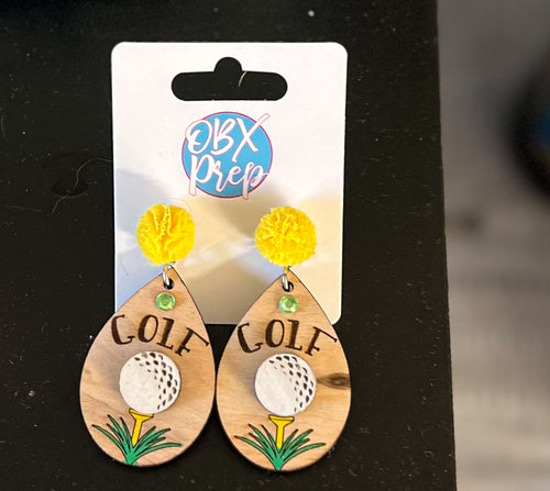 Hand-Painted Golf Wood Earrings with Woven Yellow Stud Toppers