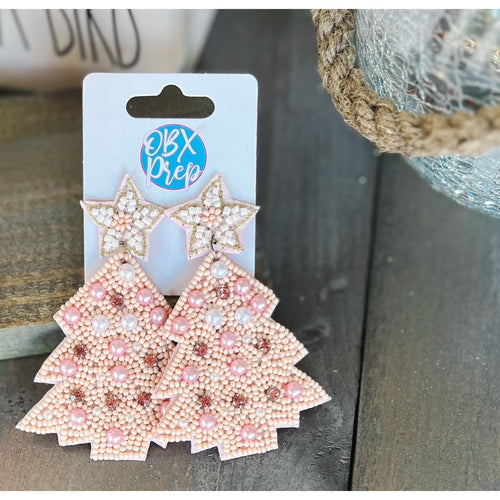 Pink Christmas Tree Seed Beaded Drop Earrings - OBX Prep