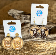Cat in Glasses Earrings – Vintage Frame Engraved Wood Dangle Earrings – Hand Painted Cat Jewelry – OBX Handmade Gift for Cat Lovers