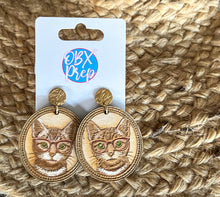 Cat in Glasses Earrings – Vintage Frame Engraved Wood Dangle Earrings – Hand Painted Cat Jewelry – OBX Handmade Gift for Cat Lovers