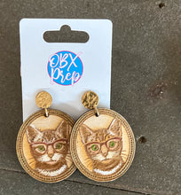 Cat in Glasses Earrings – Vintage Frame Engraved Wood Dangle Earrings – Hand Painted Cat Jewelry – OBX Handmade Gift for Cat Lovers