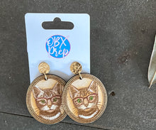 Cat in Glasses Earrings – Vintage Frame Engraved Wood Dangle Earrings – Hand Painted Cat Jewelry – OBX Handmade Gift for Cat Lovers