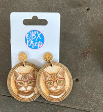 Cat in Glasses Earrings – Vintage Frame Engraved Wood Dangle Earrings – Hand Painted Cat Jewelry – OBX Handmade Gift for Cat Lovers