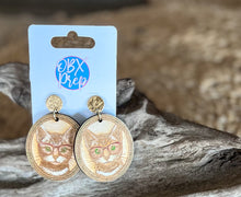 Cat in Glasses Earrings – Vintage Frame Engraved Wood Dangle Earrings – Hand Painted Cat Jewelry – OBX Handmade Gift for Cat Lovers