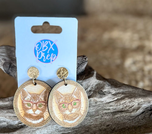 Cat in Glasses Earrings – Vintage Frame Engraved Wood Dangle Earrings – Hand Painted Cat Jewelry – OBX Handmade Gift for Cat Lovers
