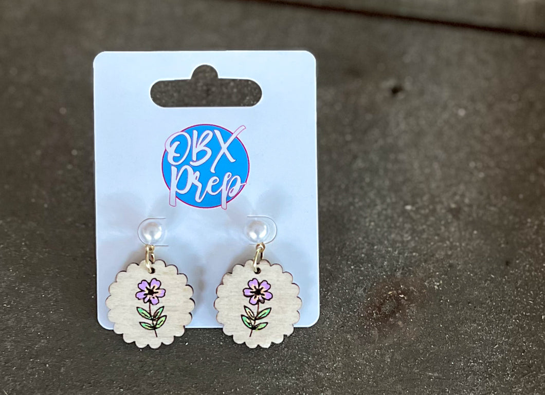 Petite Scallop Wood Earrings with Pearl Stud | Hand Painted Floral Earrings