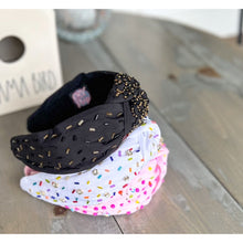 Confetti Beaded Top Knot Headband in Pink, Black and Gold, and White Multi-Colors.