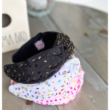 Confetti Beaded Top Knot Headband in Pink, Black and Gold, and White Multi-Colors.