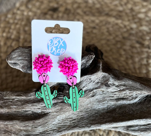 Handmade Hand-Painted Cactus Earrings – Southwestern Charm with a Pop of Pink! 🌵✨.