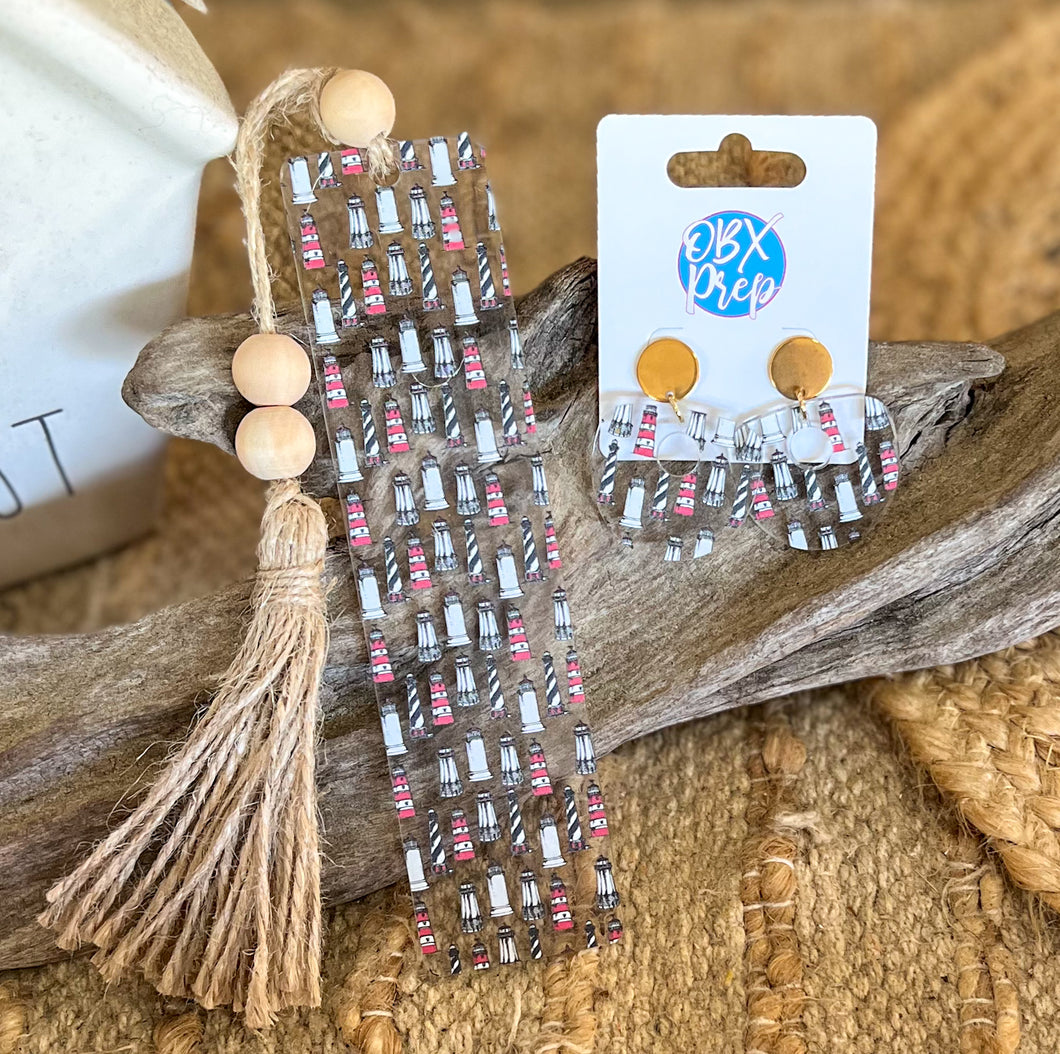 Lighthouse Acrylic Hoop Earrings | Coastal Dangle Earrings with Gold Stud