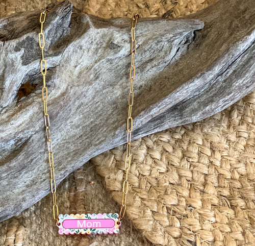 Personalized Floral Name Necklace | Custom Acrylic Pendant Necklace | Gold or Silver Paperclip Chain | Coastal Garden Collection Gift for Mom