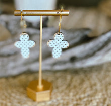 ✝️✨ Distressed White Polka Dot Cross Earrings – Gold Hoop ✨✝️