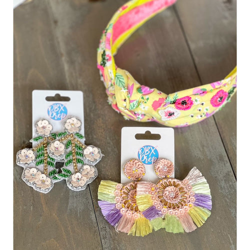 Raffia Fringe Sequin Flower Disc Drop Earrings