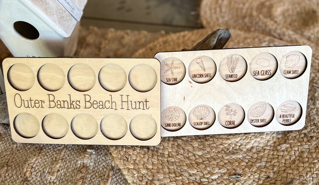 OBX Beach Hunt Scavenger Hunt Board | Kids Beach Activity | Coastal Travel Toy | Outer Banks Vacation Gift | Wooden Beach Treasure Hunt