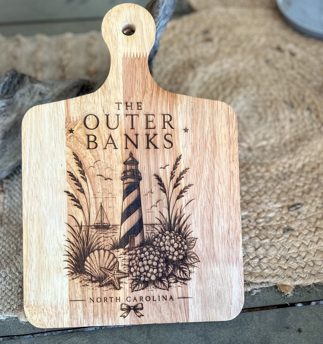 Outer Banks Engraved Bamboo Cutting Board | Coastal Kitchen Decor | Lighthouse & Hydrangea Serving Board | NC Beach House Gift