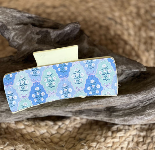 🌸 Light Blue Bows with White Floral Pattern Leather Hair Claw – Handmade in the Outer Banks.