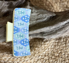 🌸 Light Blue Bows with White Floral Pattern Leather Hair Claw – Handmade in the Outer Banks.
