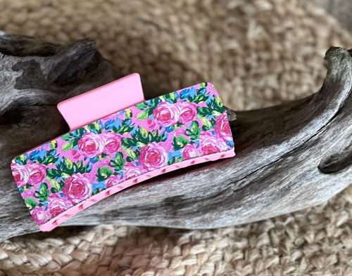 Preppy Rose Patterned Leather Hair Claw – Handmade in the Outer Banks 🌸☀️.