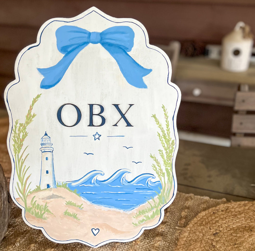 Hand Painted OBX Coastal Scalloped Shelf Sitter | Outer Banks Lighthouse Beach Decor