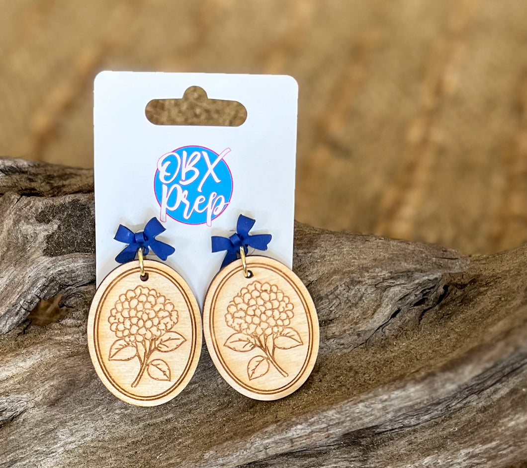 Coastal Hydrangea Bow Earrings | Hand Painted Baltic Birch Earrings | Blue Bow Stud Earrings | Coastal Garden Jewelry | Preppy Floral Earrings