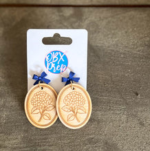 Coastal Hydrangea Bow Earrings | Hand Painted Baltic Birch Earrings | Blue Bow Stud Earrings | Coastal Garden Jewelry | Preppy Floral Earrings