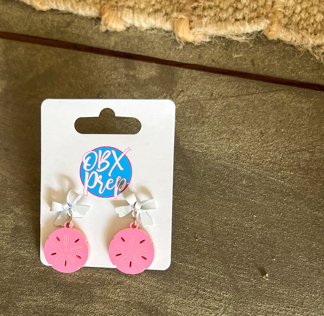 Pink Sand Dollar Earrings | Coastal Earrings with White Bow Studs | Beach Jewelry | Preppy Coastal Earrings | Coastal Garden Collection
