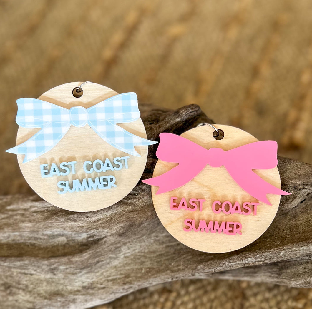 East Coast Summer Keychain | Preppy Acrylic & Wood Key Ring with Gingham Bow | Coastal Prep Bag Charm | Pink or Blue Summer Accessory