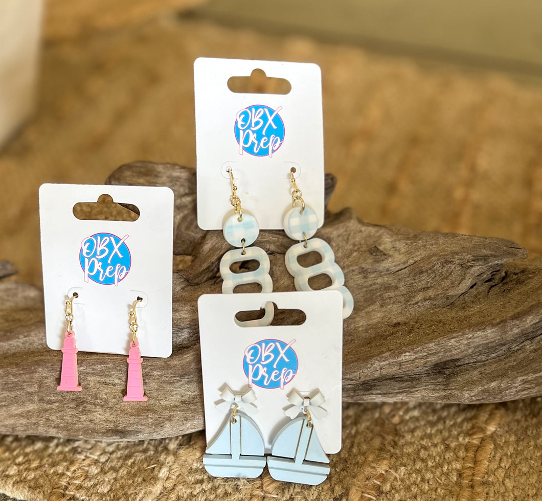 Coastal Sailboat Earrings | Light Blue Acrylic Dangle Earrings with White Bow Studs | Preppy Coastal Jewelry | Nautical Summer Accessories