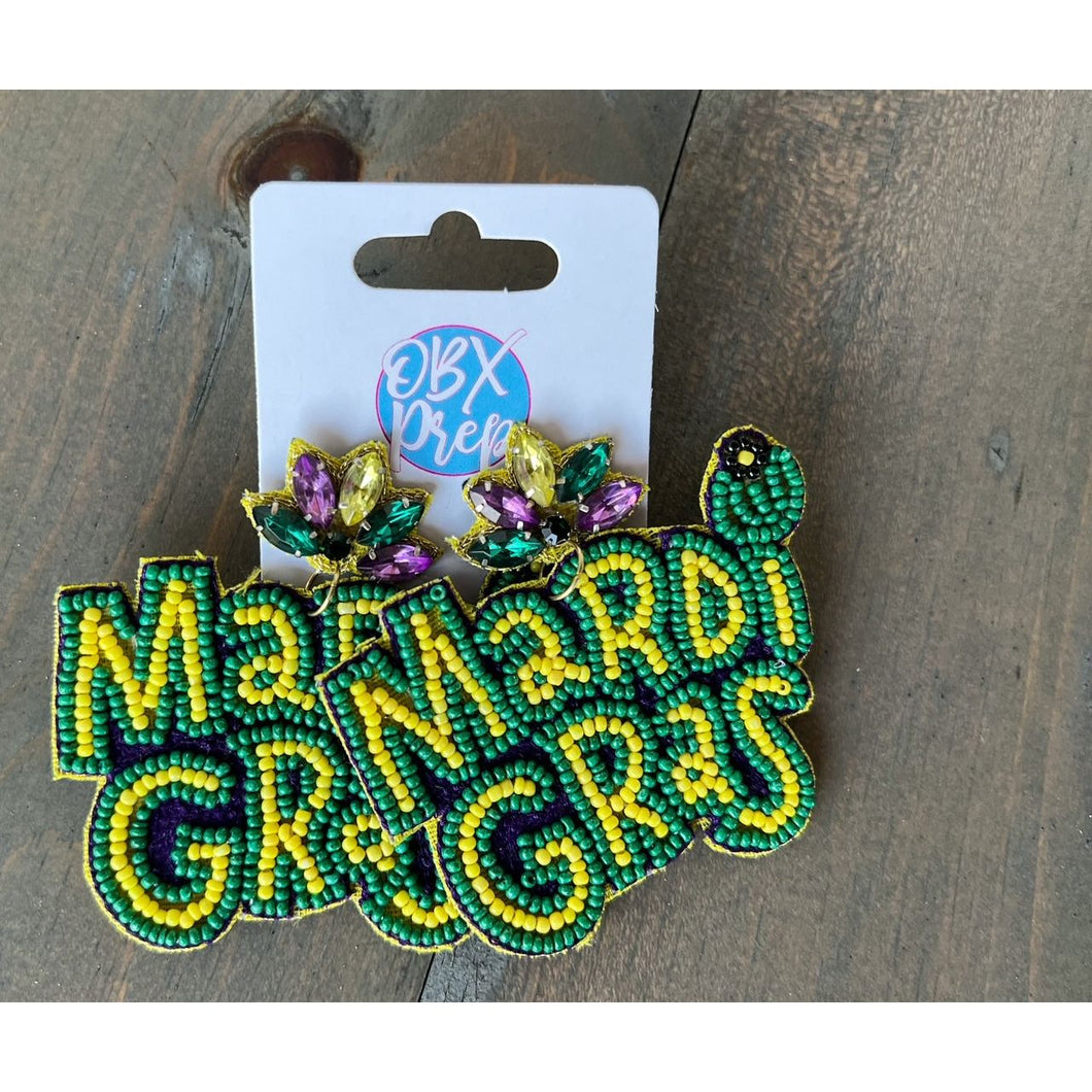 Mardi Gras Seed Beaded Dangle Earrings - OBX Prep