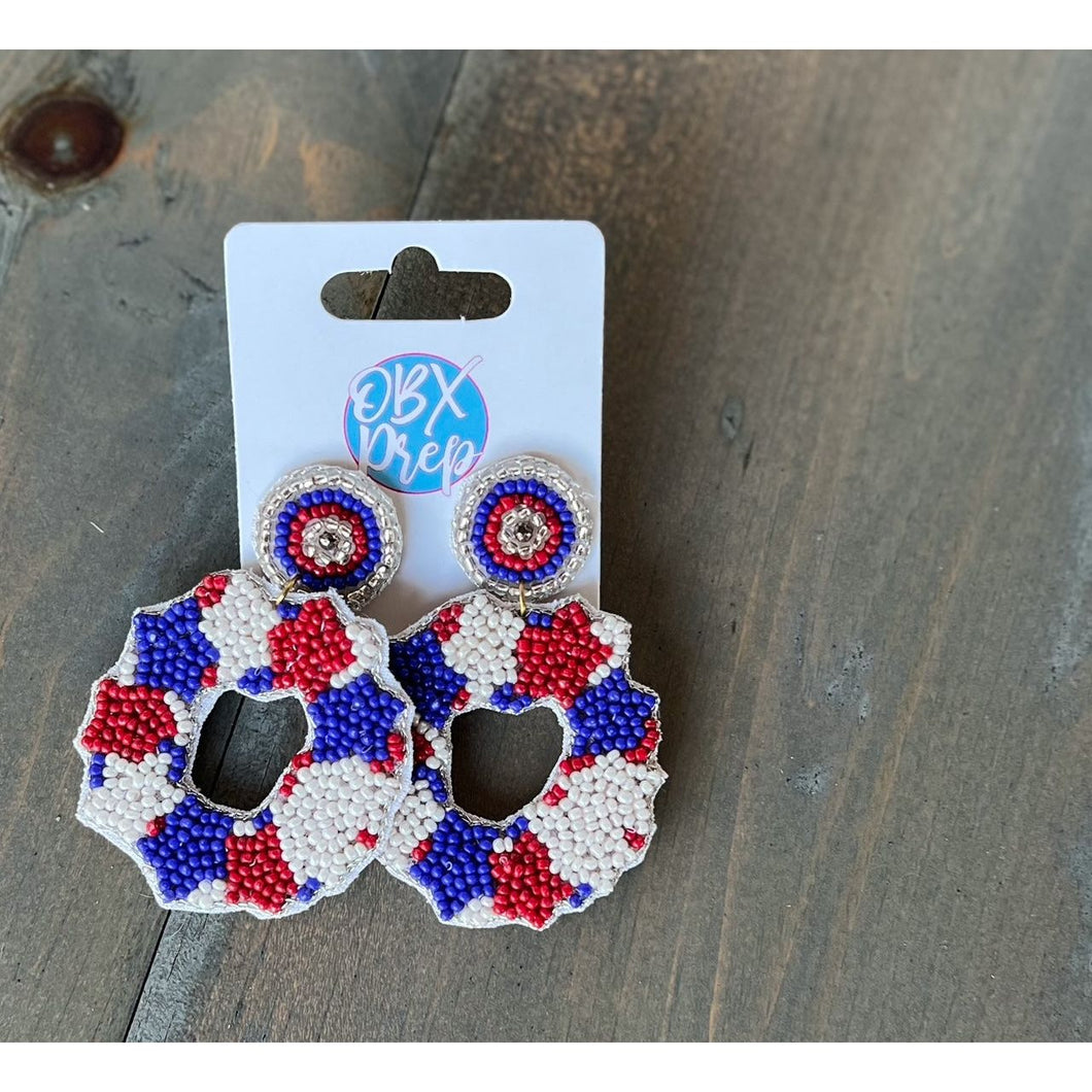 Patriotic Red White Stars Blue Seed Bead Dangle Earring - OBX Prep