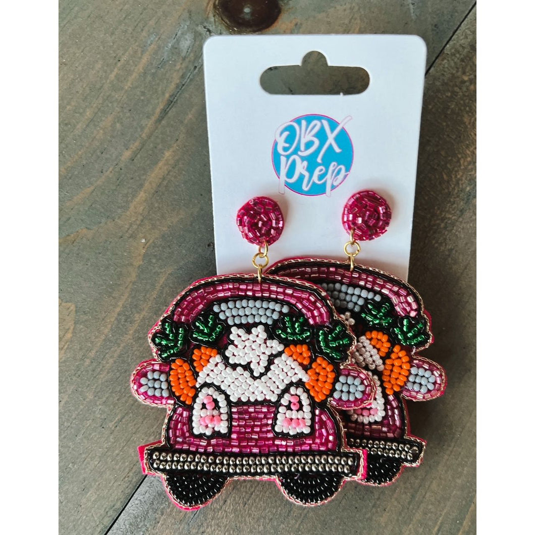 Easter Bunny Truck and Carrot Seed Beaded Dangle Earrings - OBX Prep
