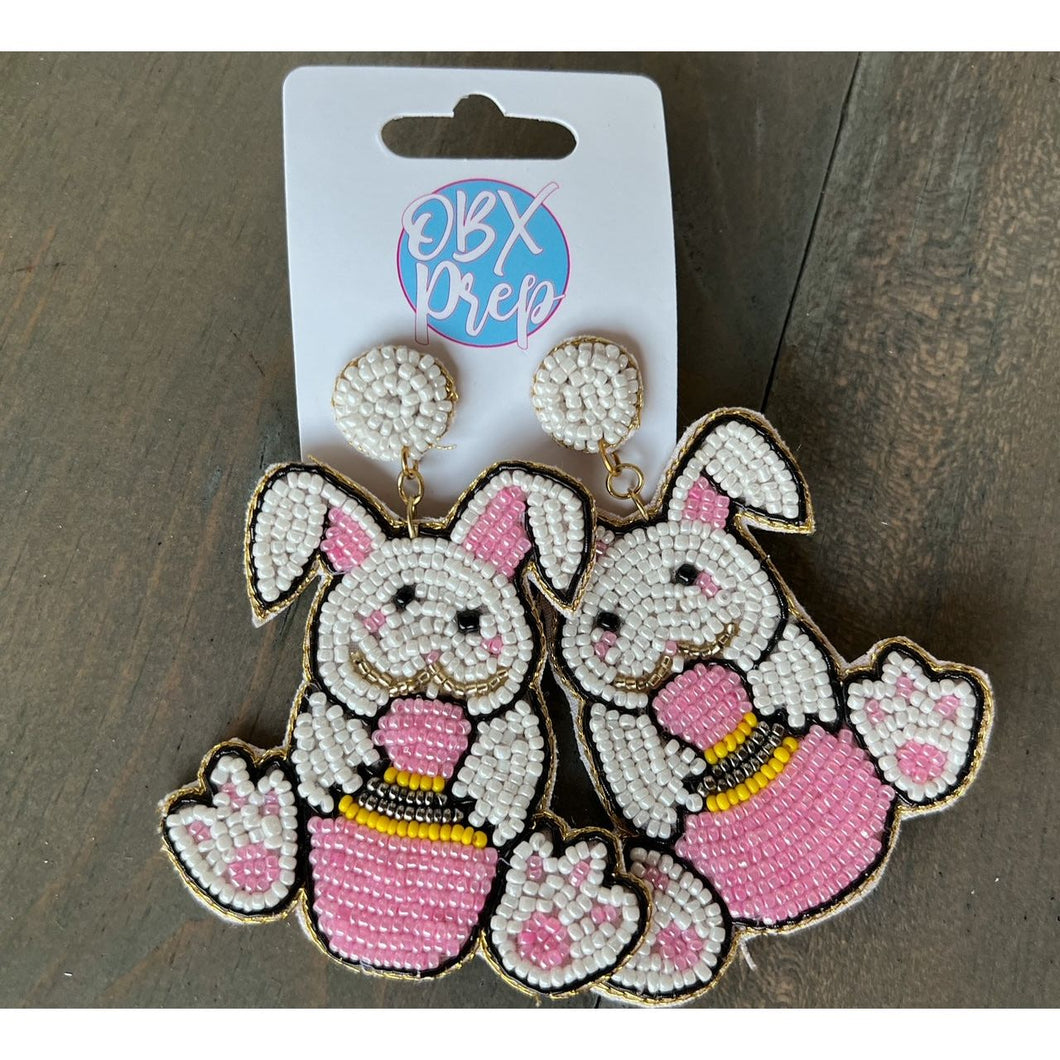 Easter Bunny with Egg Seed Beaded Dangle Earrings - OBX Prep