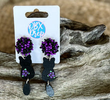 Hand Painted Black Cat Earrings | Dangle Earrings with Flower Accent | Handmade in OBX | Halloween & Cat Lover Gift