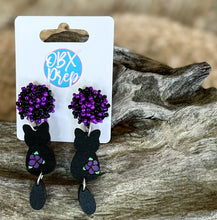 Hand Painted Black Cat Earrings | Dangle Earrings with Flower Accent | Handmade in OBX | Halloween & Cat Lover Gift