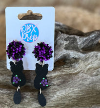 Hand Painted Black Cat Earrings | Dangle Earrings with Flower Accent | Handmade in OBX | Halloween & Cat Lover Gift